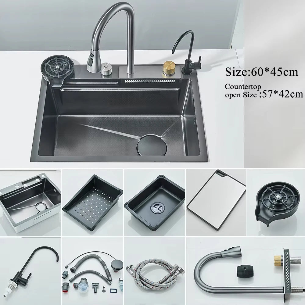 MyQualife 304 Stainless Steel Waterfall Kitchen Sink Digital Faucet