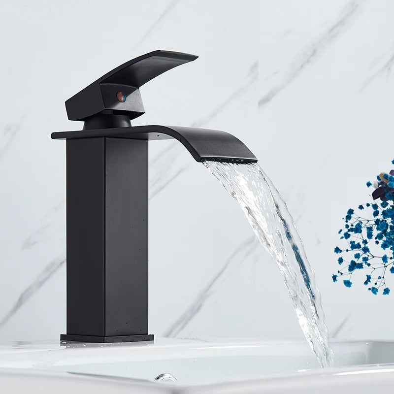 Rozin Matte Black Basin Faucet Deck Mounted Single Lever Waterfall Tap
