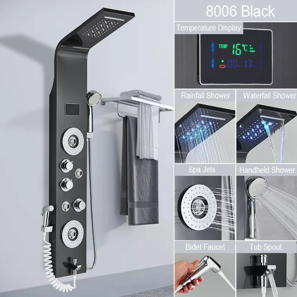 MYQualife LED Shower Column System With Rainfall Waterfall Jets