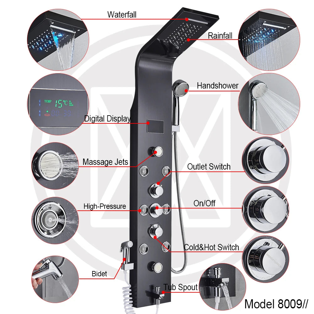 MYQualife LED Shower Column System With Rainfall Waterfall Jets
