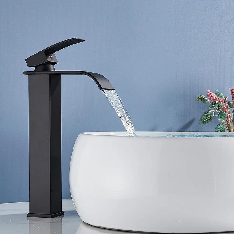 Rozin Matte Black Basin Faucet Deck Mounted Single Lever Waterfall Tap