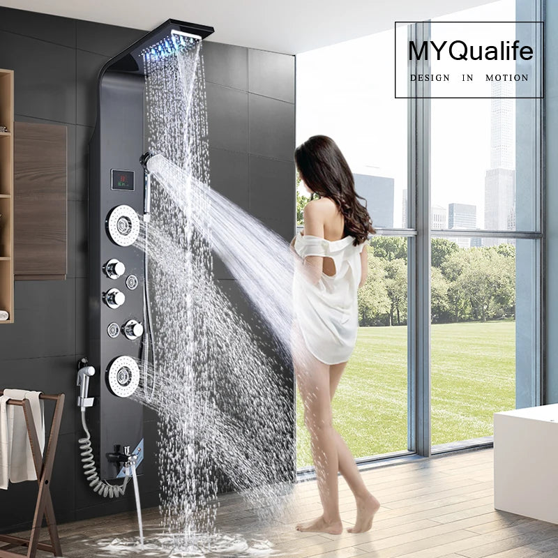MYQualife LED Shower Column System With Rainfall Waterfall Jets