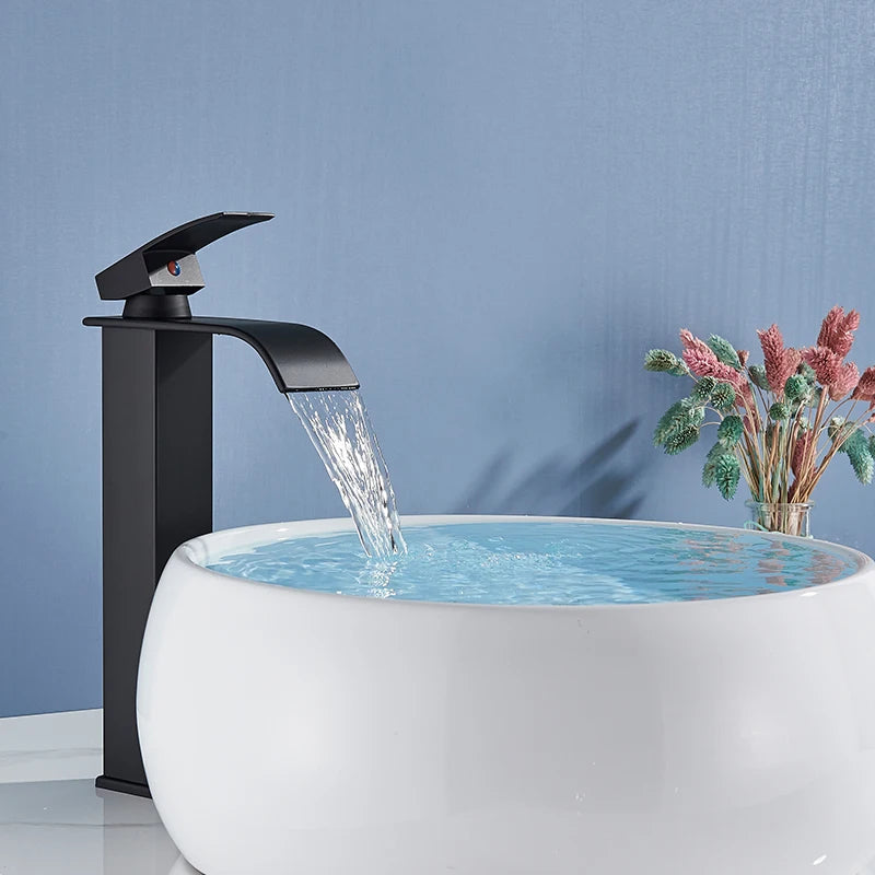 Rozin Matte Black Basin Faucet Deck Mounted Single Lever Waterfall Tap