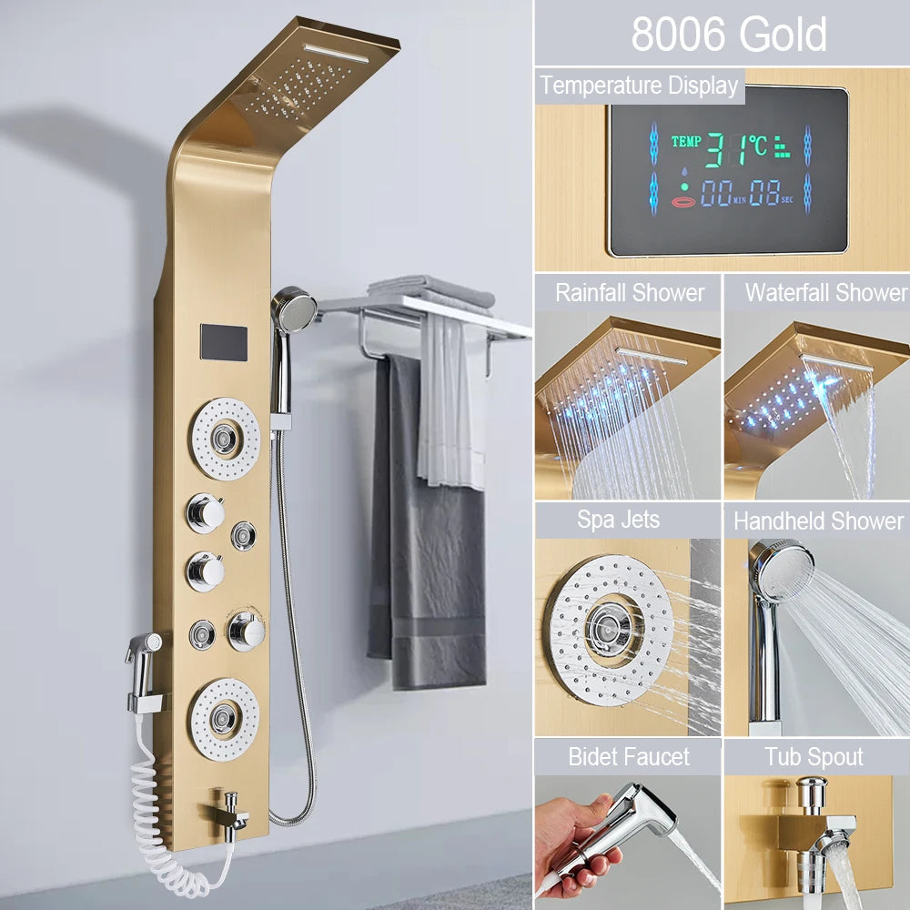 MYQualife LED Shower Column System With Rainfall Waterfall Jets