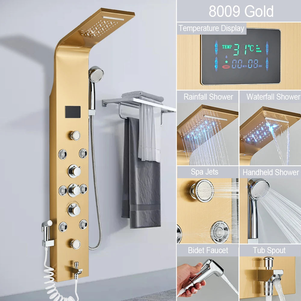MYQualife LED Shower Column System With Rainfall Waterfall Jets