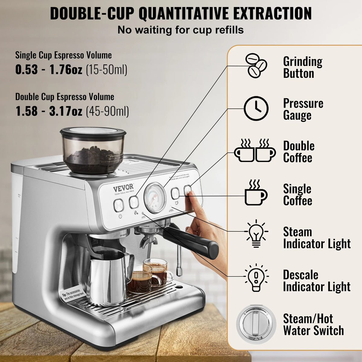 VEVOR 15 Bar Semi Automatic Espresso Machine With Integrated Grinder