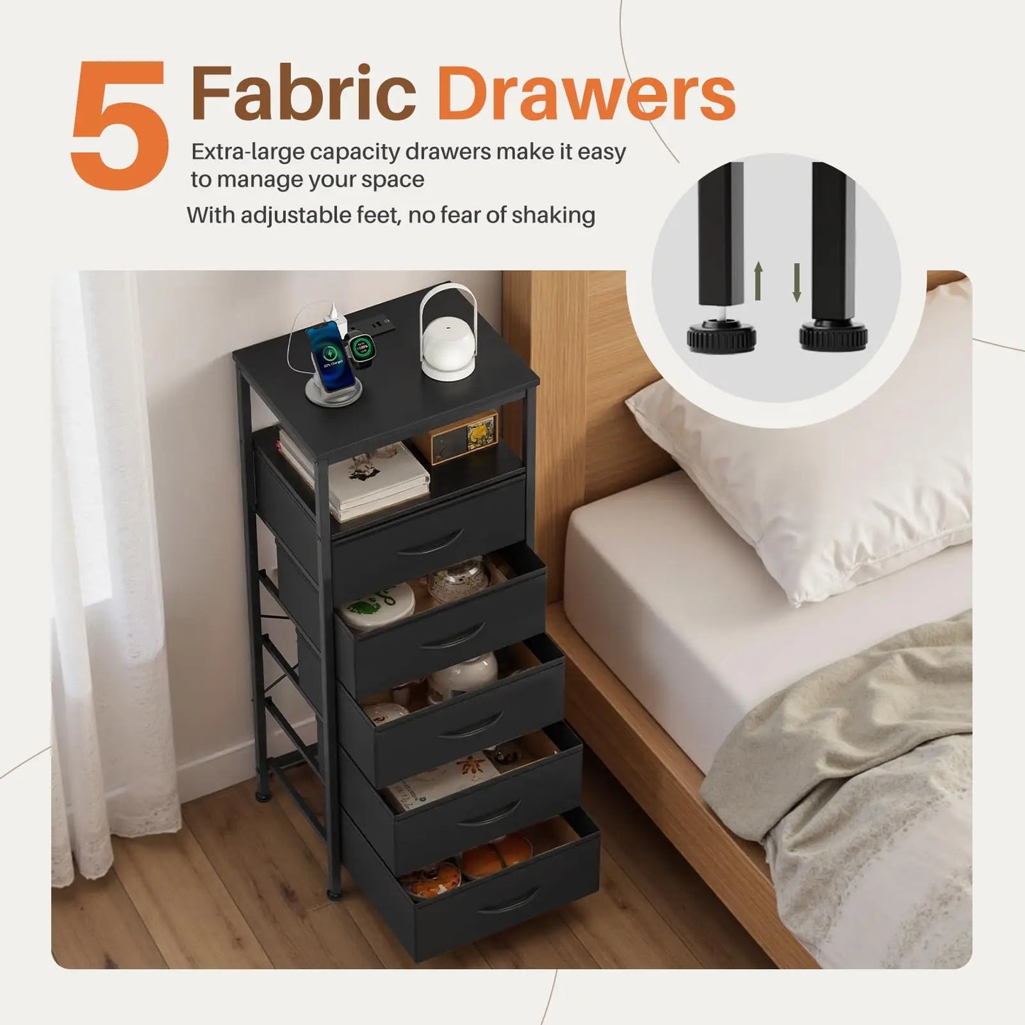 JHK Five-Drawer Dresser Nightstand With Charging Station And Outlets