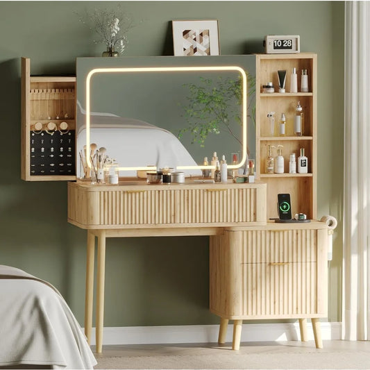 Wood Vanity With Clear Glass Top And Large Modern Mirror