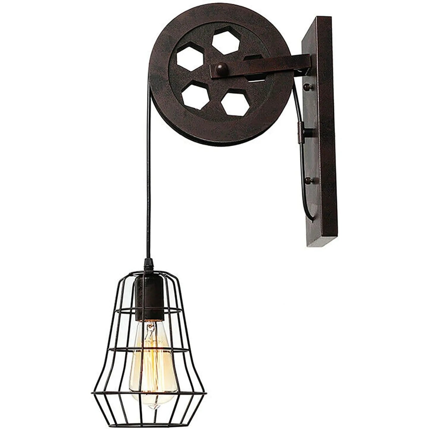 Bymaocar Industrial Wall Sconce Lift Pulley Vintage Iron Cage Lamp