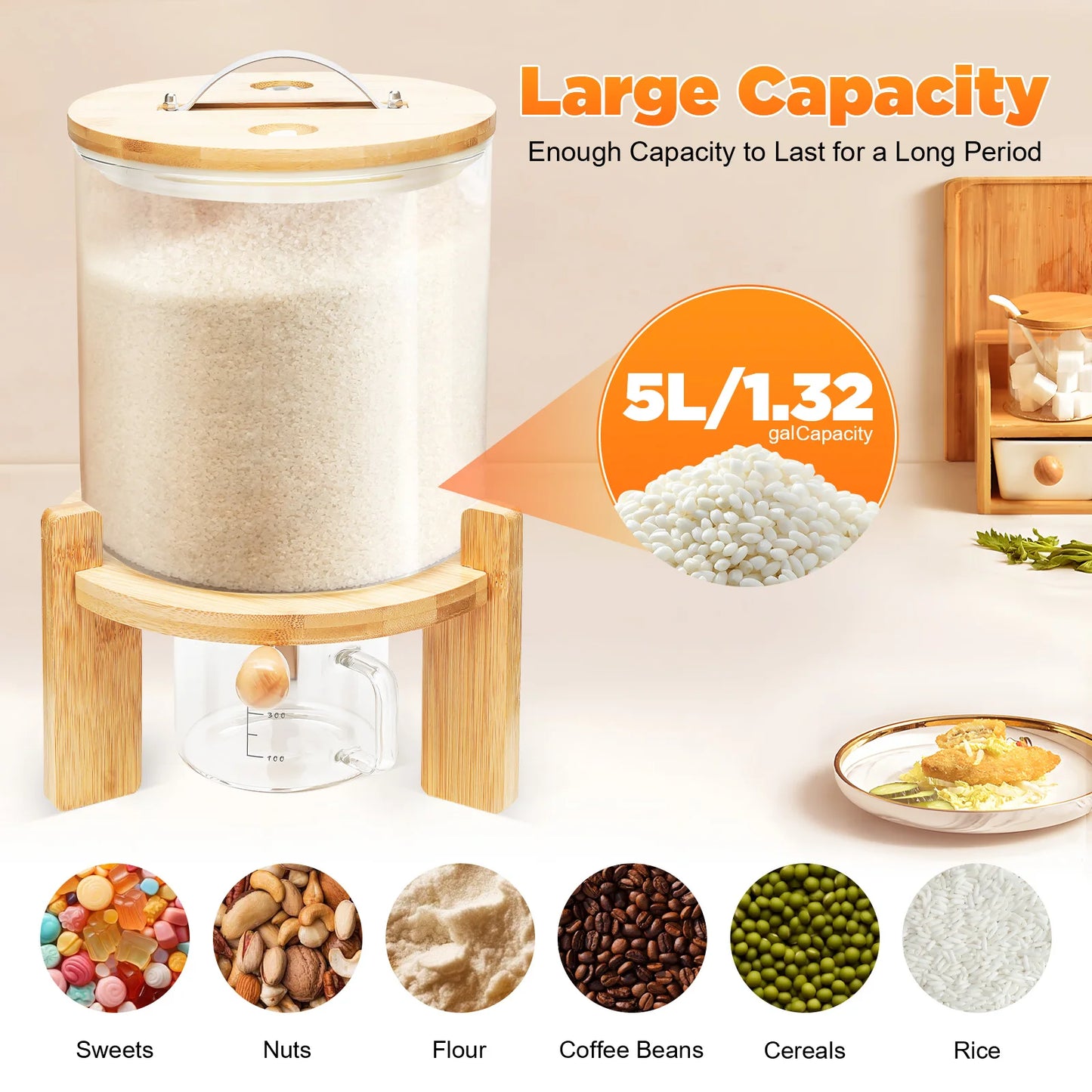 Clear Glass Cereal Dispenser With Airtight Bamboo Lid