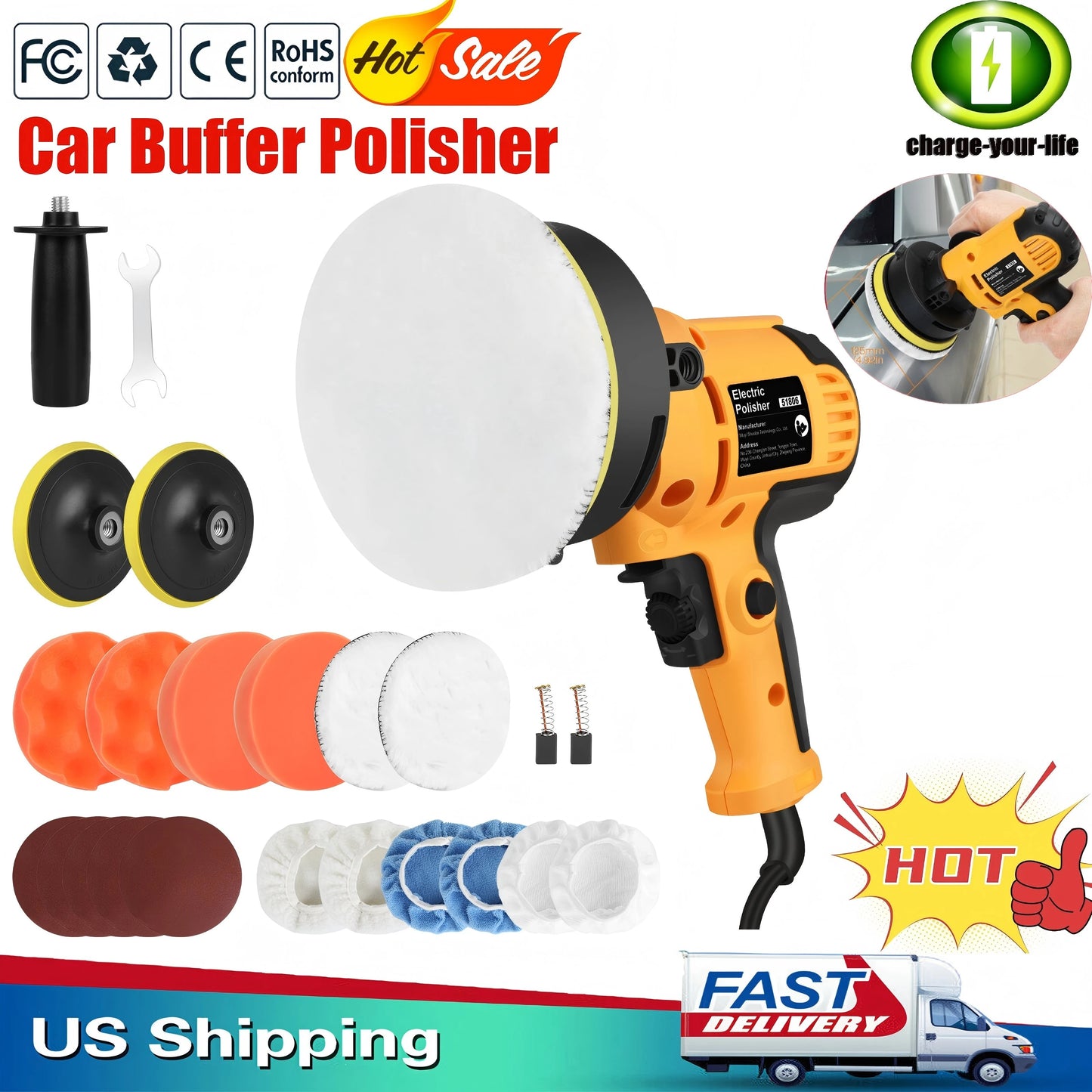 Electric Polisher Car Polishing Kit 800W Variable Speed Buffer