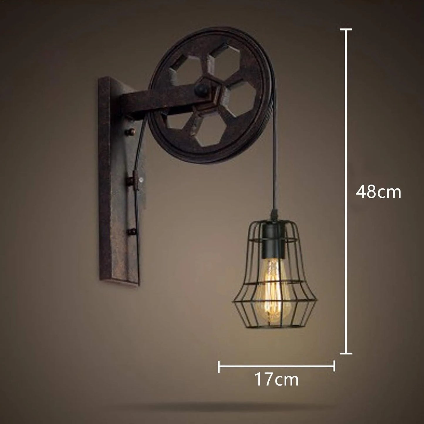 Bymaocar Industrial Wall Sconce Lift Pulley Vintage Iron Cage Lamp