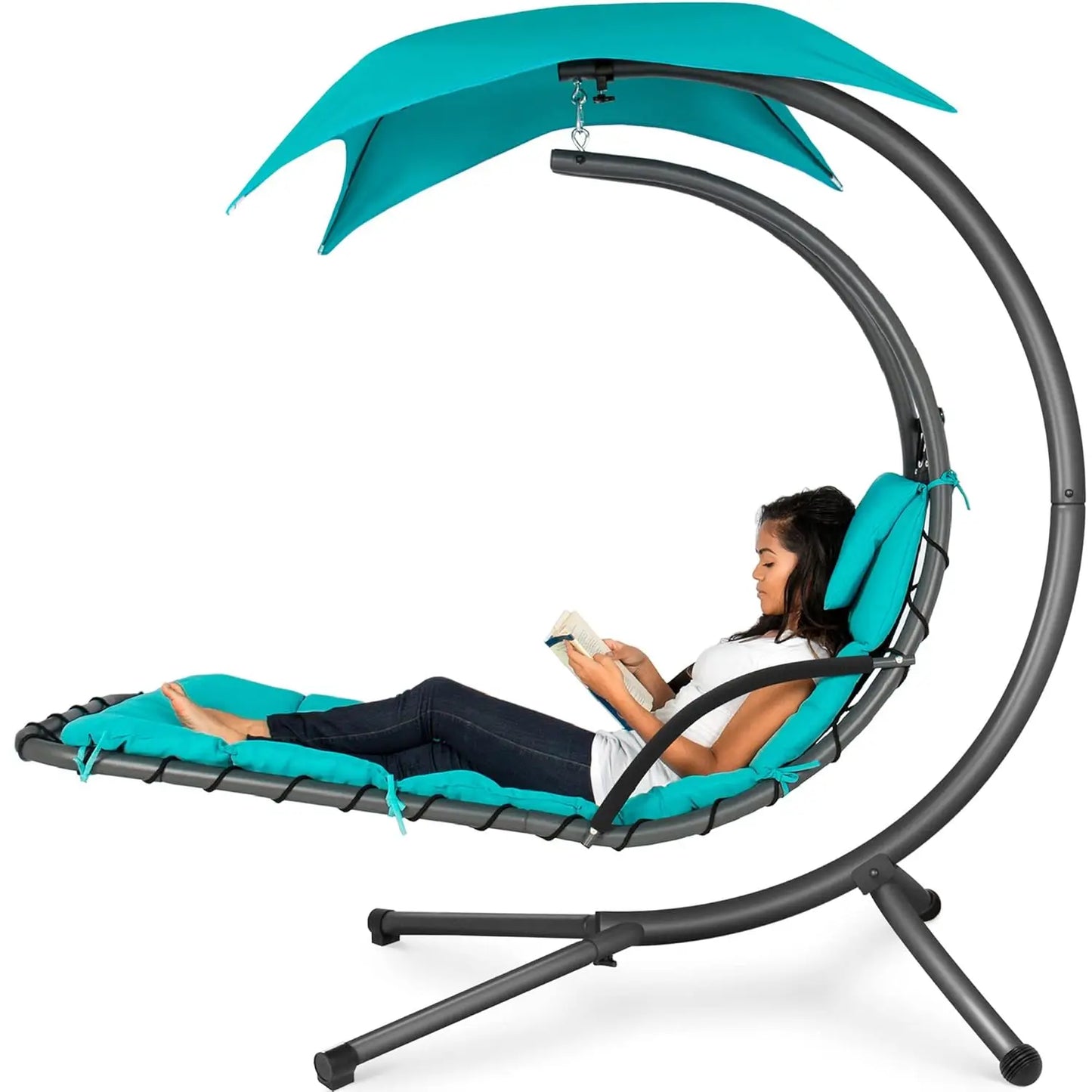 Curved Steel Outdoor Hanging Chaise Lounge With Built In Pillow
