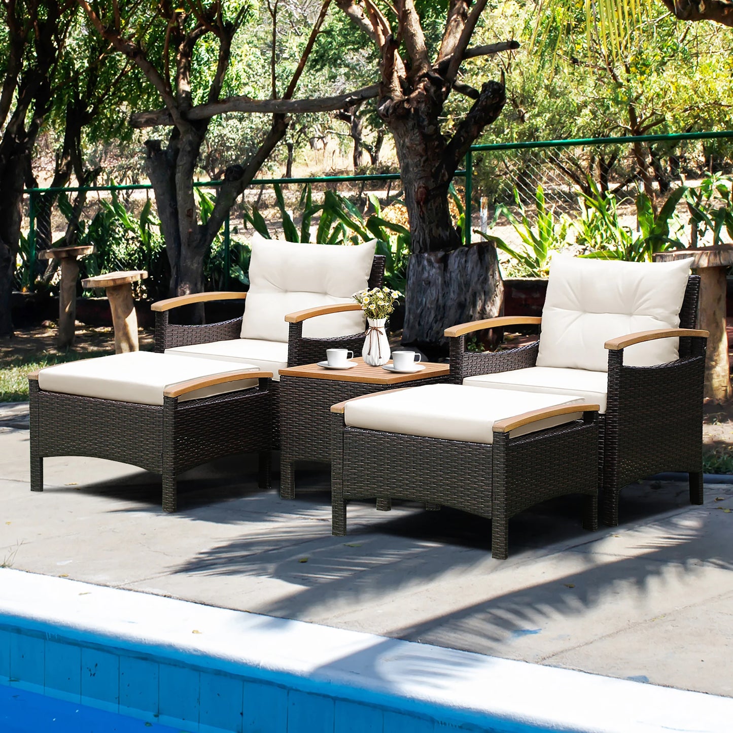 HOMASIS Outdoor Patio Rattan Sofa Set With Wood Top Table