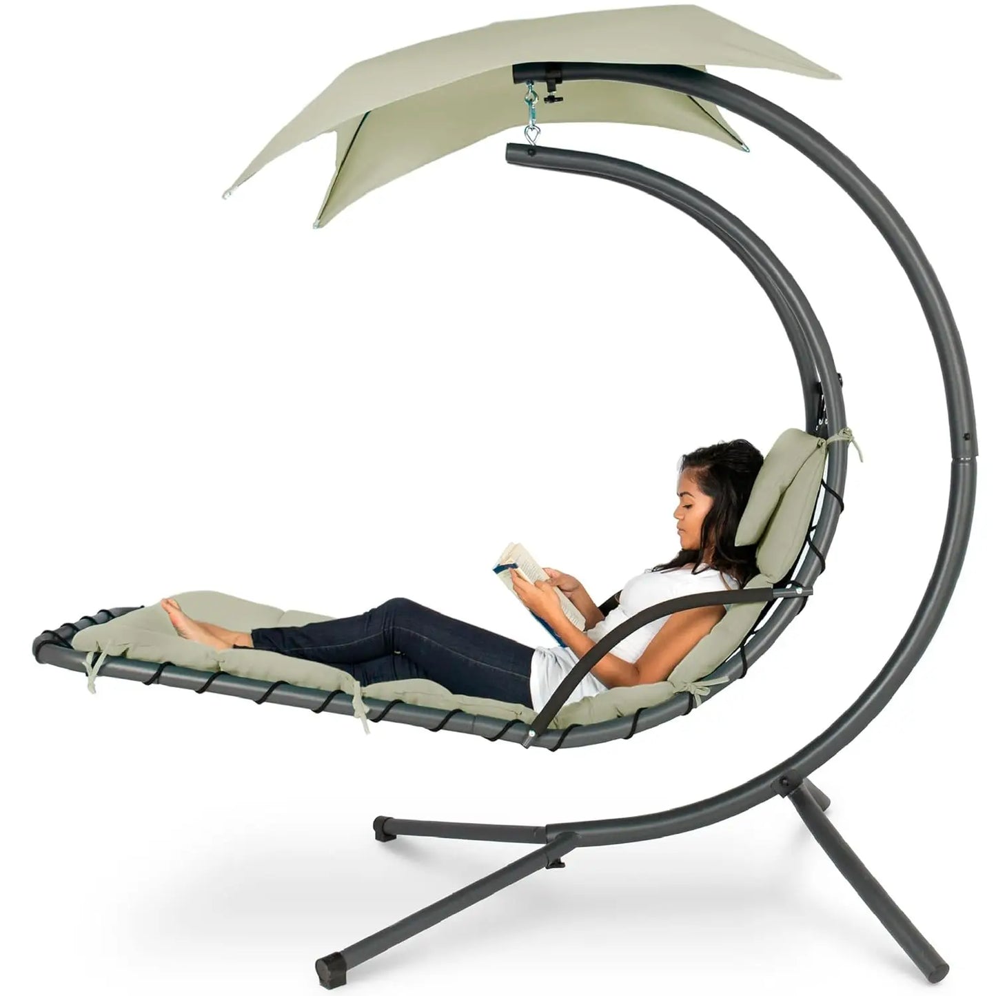 Curved Steel Outdoor Hanging Chaise Lounge With Built In Pillow