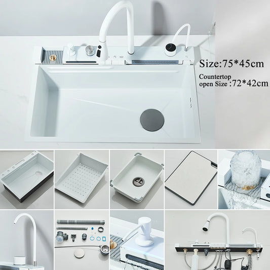 MyQualife 304 Stainless Steel Waterfall Kitchen Sink Digital Faucet