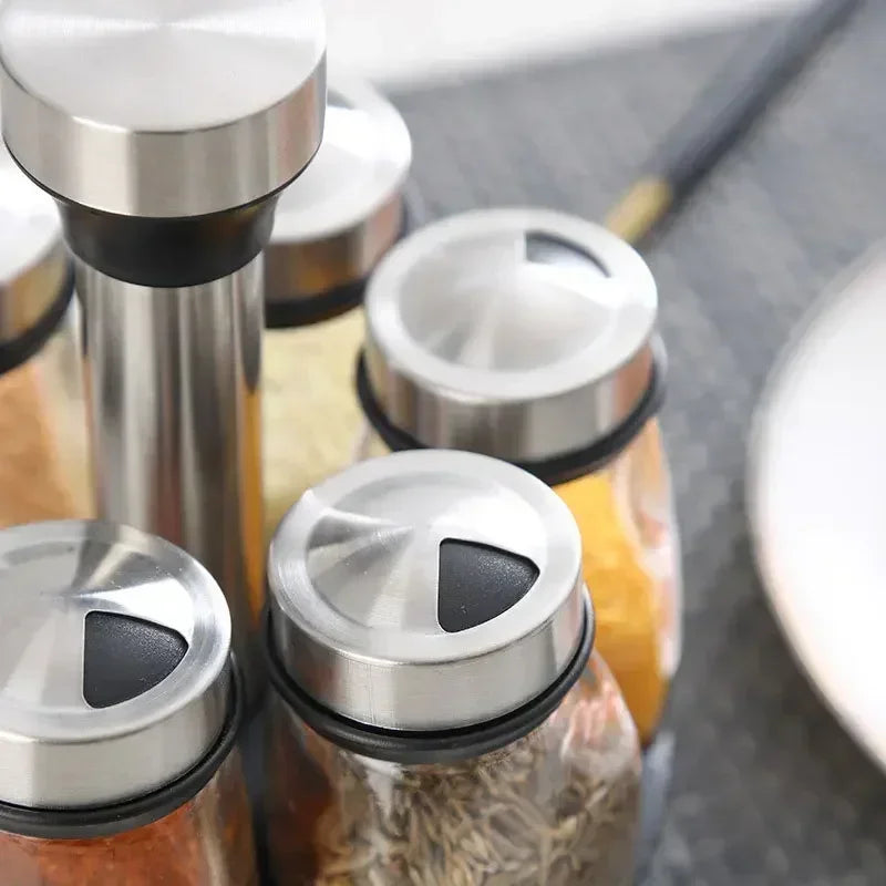 Glass Spice Jar Set With Rack For Seasonings And Salt
