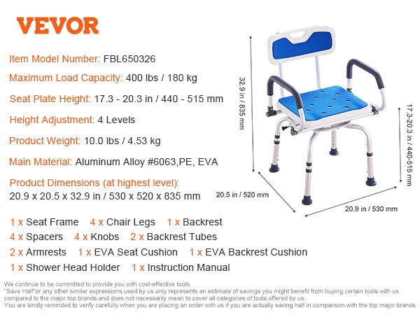 SucceBuy Swivel Shower Chair 360 Adjustable Armrest Non Slip