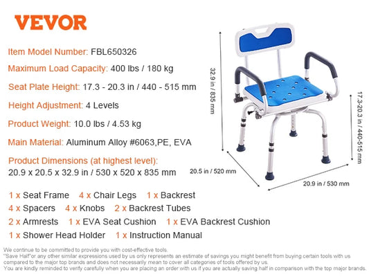 SucceBuy Swivel Shower Chair 360 Adjustable Armrest Non Slip