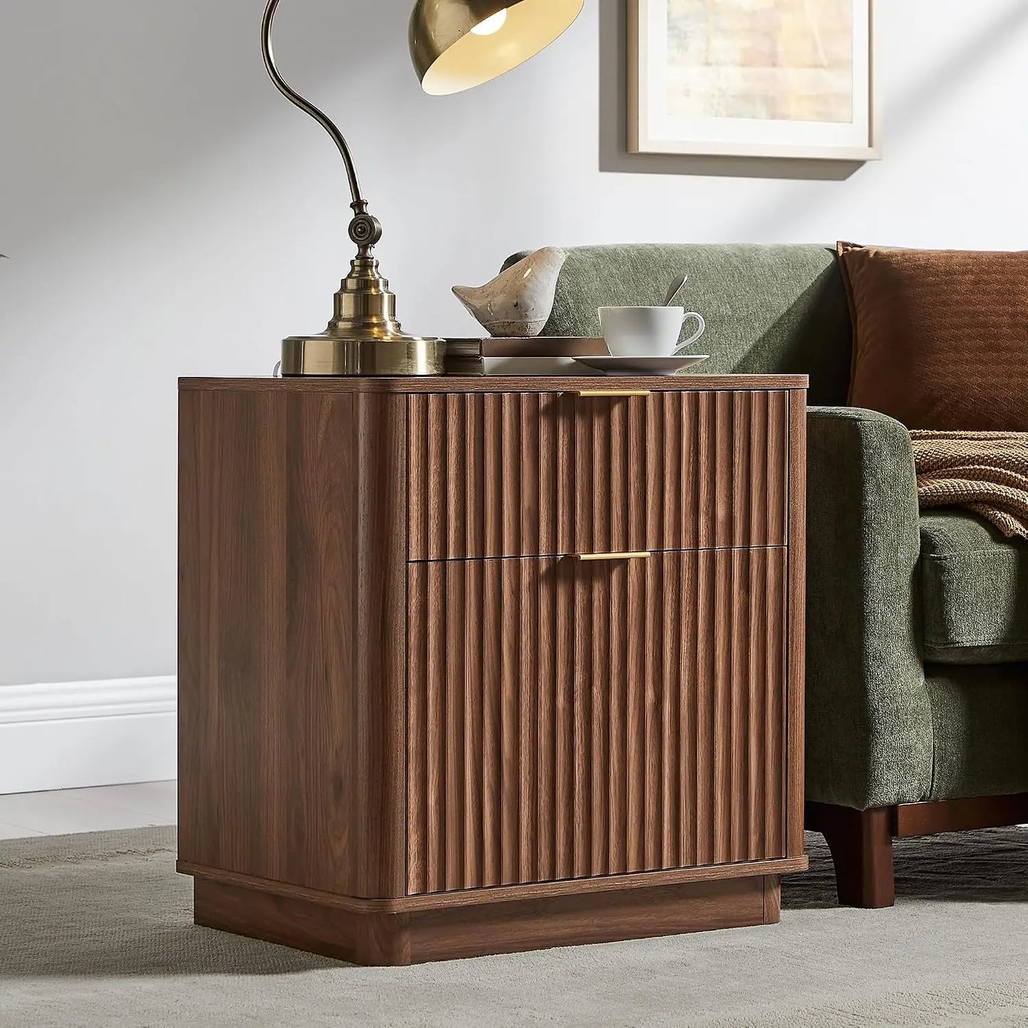 Fluted Nightstand With Charging Station 2 Drawer Modern End Table