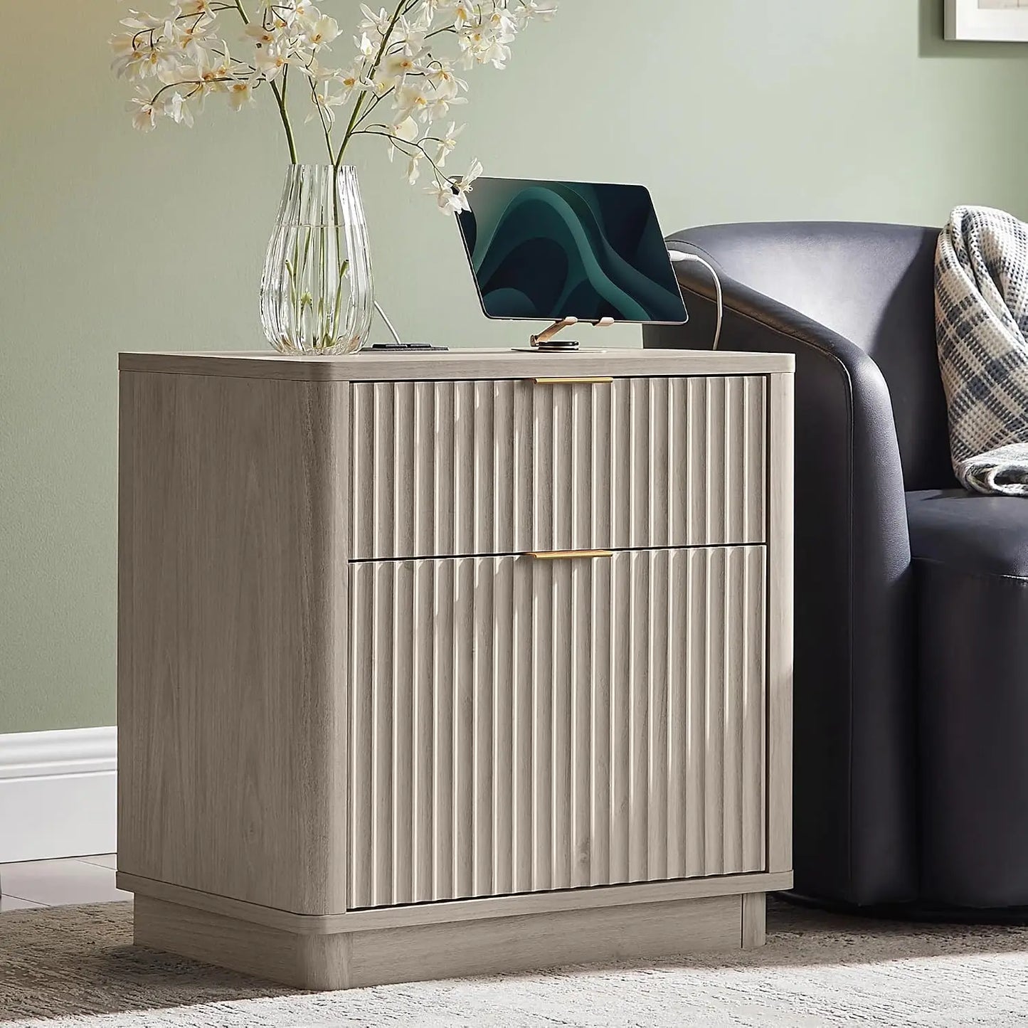 Fluted Nightstand With Charging Station 2 Drawer Modern End Table