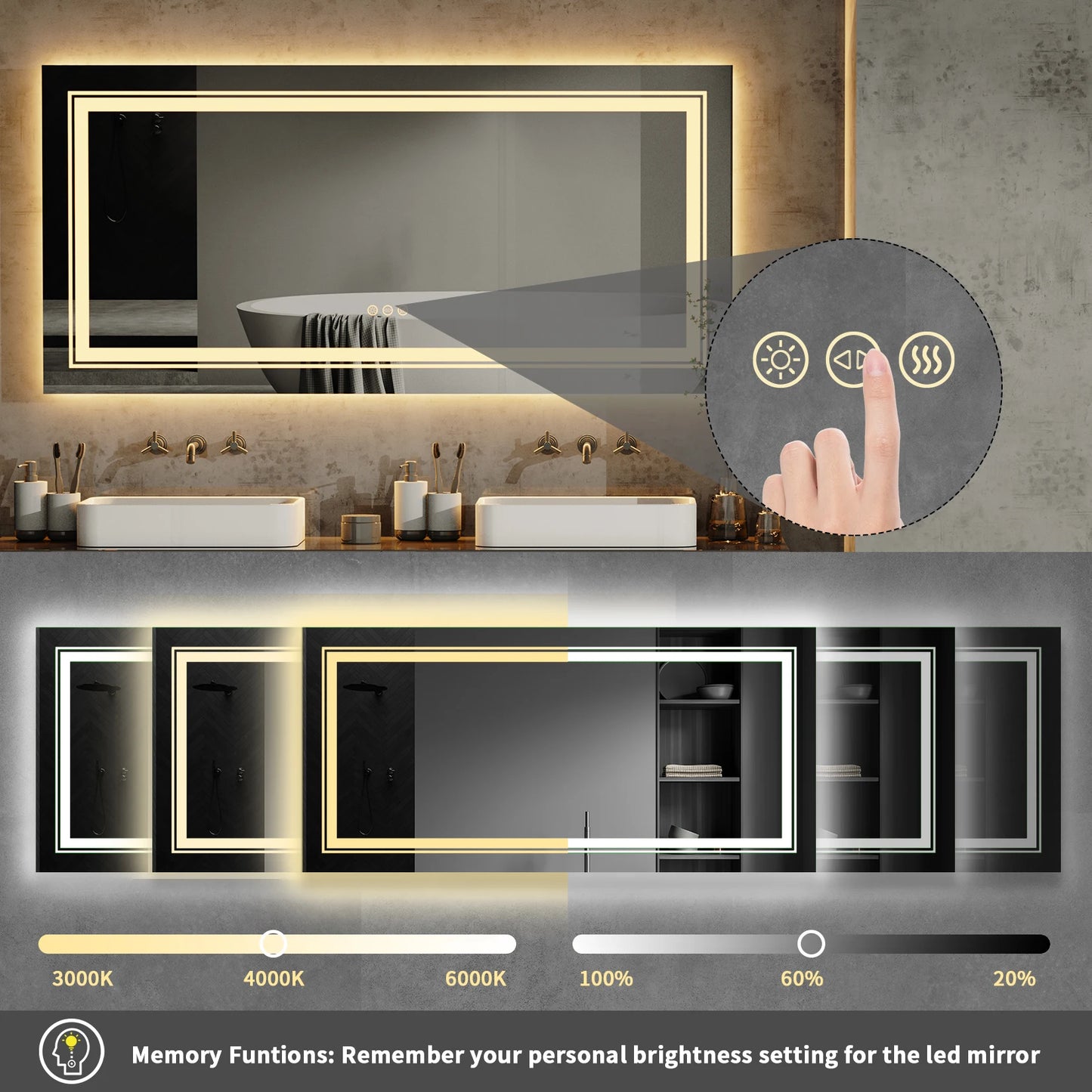 Wisfor LED Backlit Anti Fog Dimmable Bathroom Mirror Memory