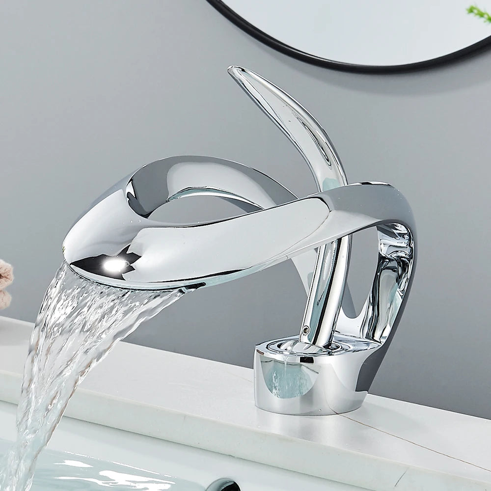 Rozin Waterfall Basin Faucet Bathroom Deck Mount Hot Cold Mixer Tap