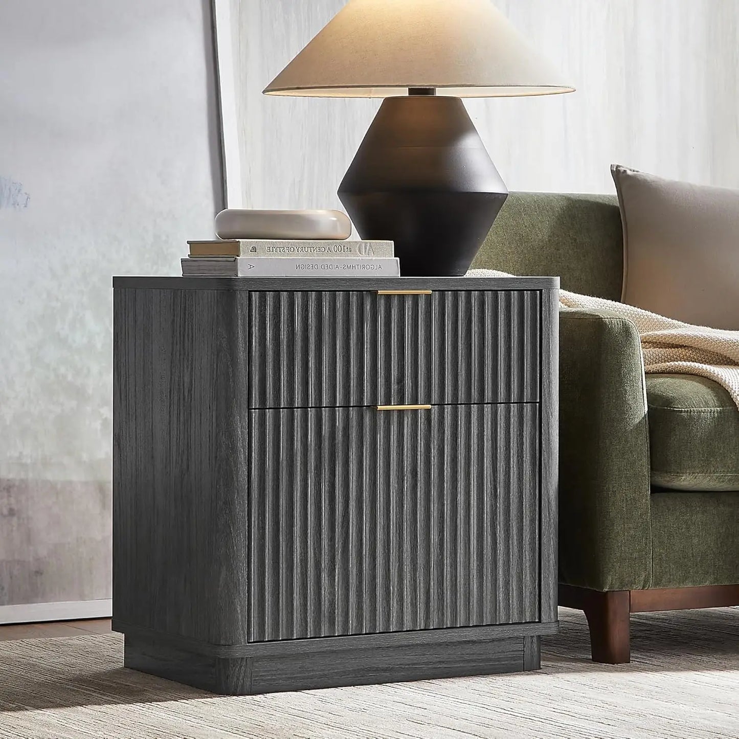 Fluted Nightstand With Charging Station 2 Drawer Modern End Table