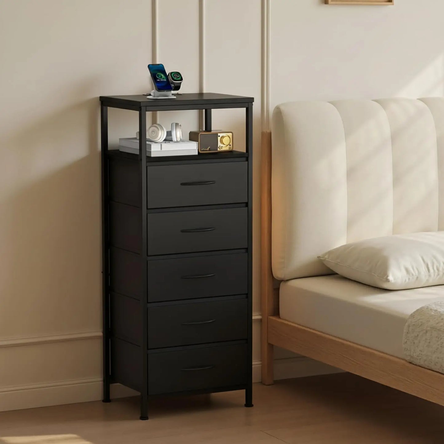 JHK Five-Drawer Dresser Nightstand With Charging Station And Outlets