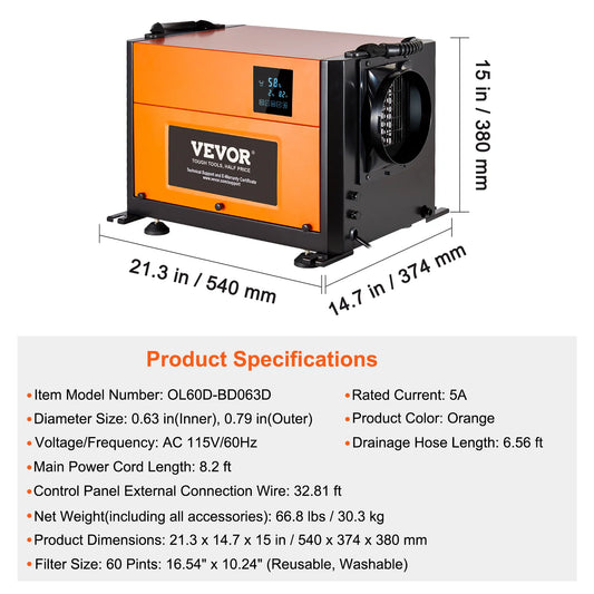 VEVOR Commercial Dehumidifier With Drain Hose For Crawl Spaces Basements