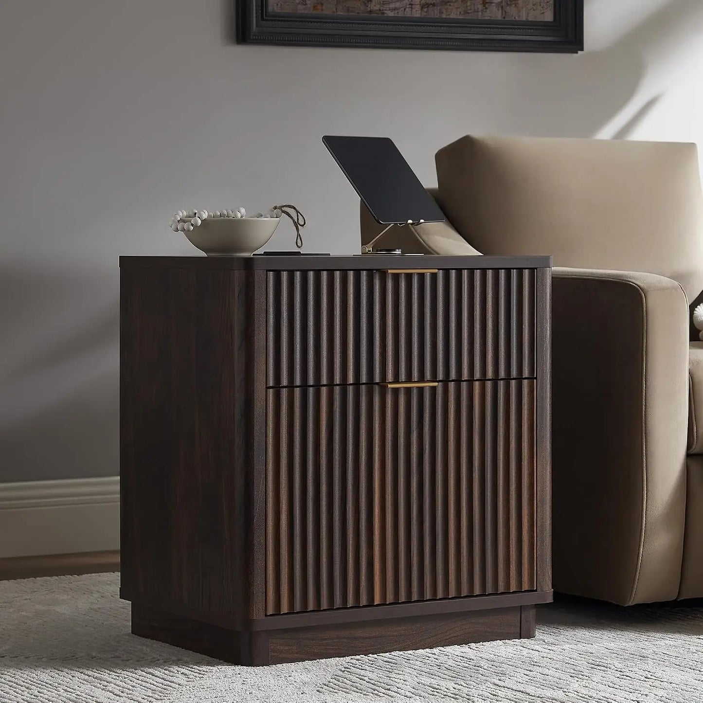 Fluted Nightstand With Charging Station 2 Drawer Modern End Table