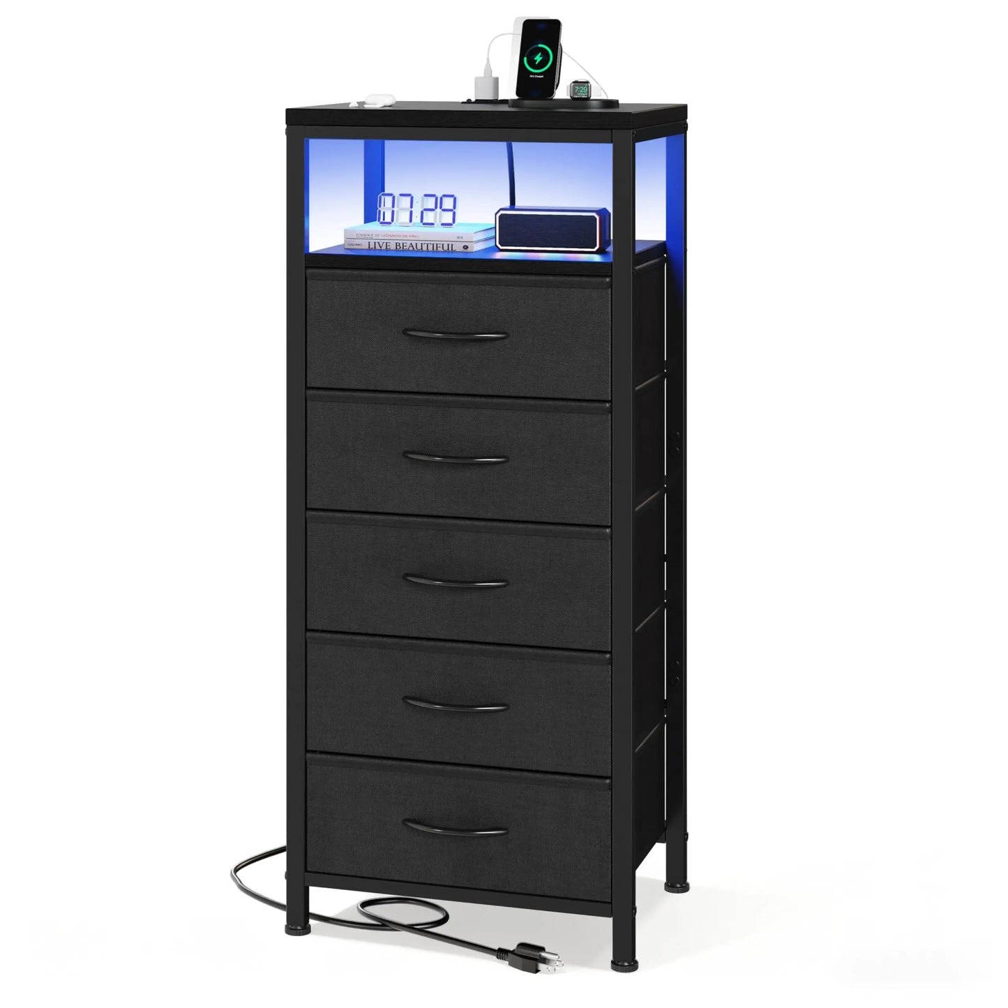 JHK Five-Drawer Dresser Nightstand With Charging Station And Outlets