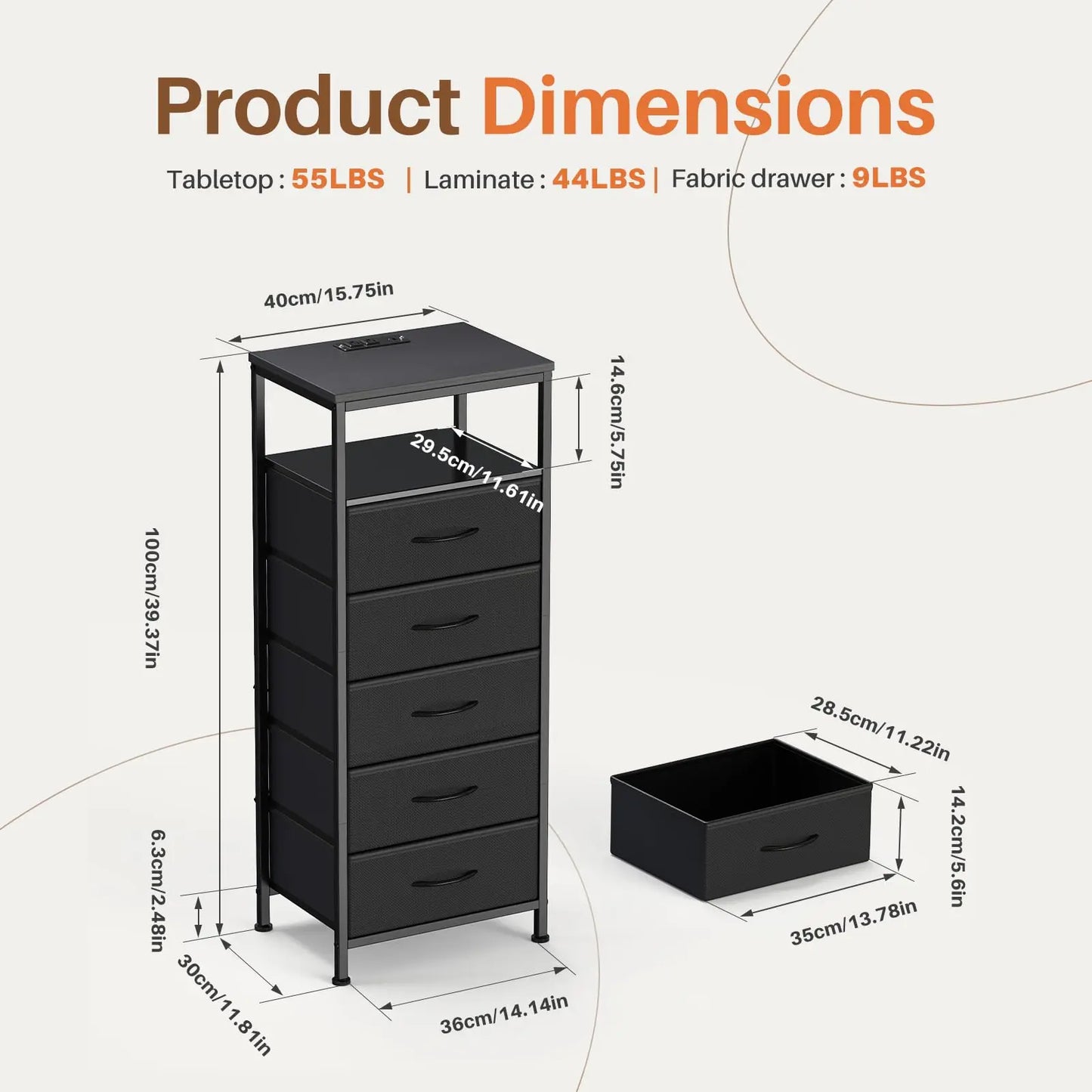 JHK Five-Drawer Dresser Nightstand With Charging Station And Outlets