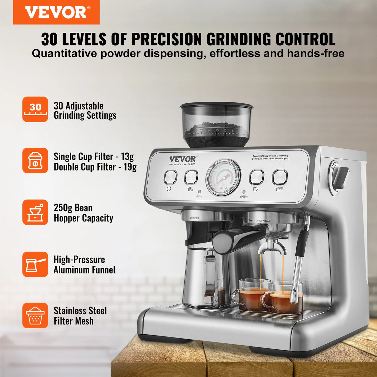 VEVOR 15 Bar Semi Automatic Espresso Machine With Integrated Grinder