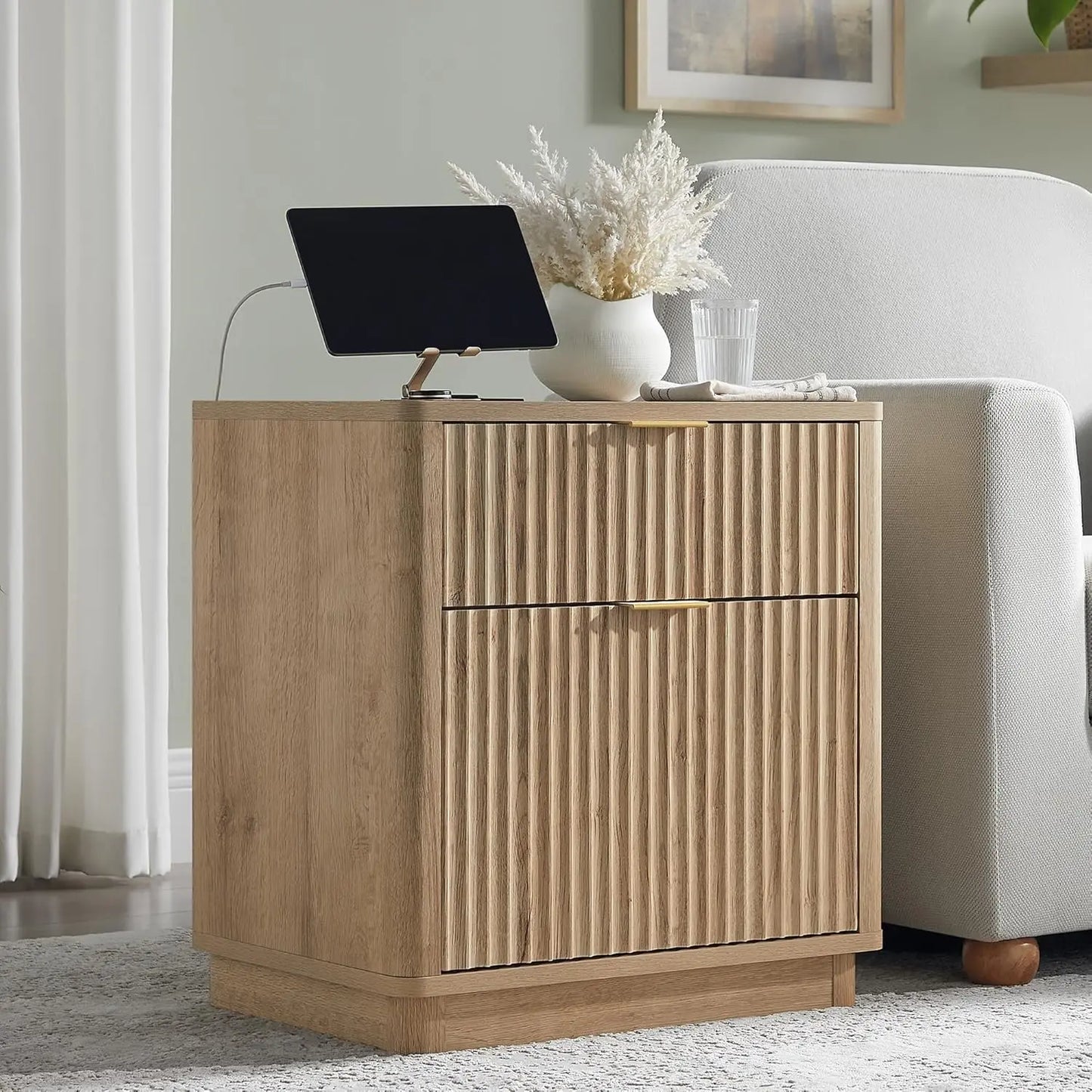 Fluted Nightstand With Charging Station 2 Drawer Modern End Table