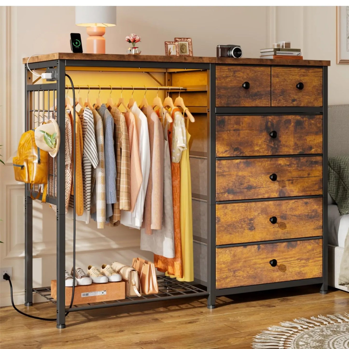 Wooden Dresser With Hanging Rack, 6 Drawers, LED Lights
