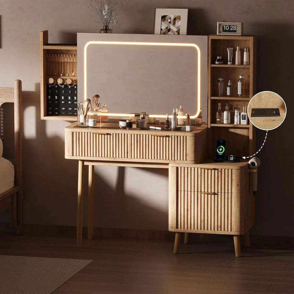 Wood Vanity With Clear Glass Top And Large Modern Mirror