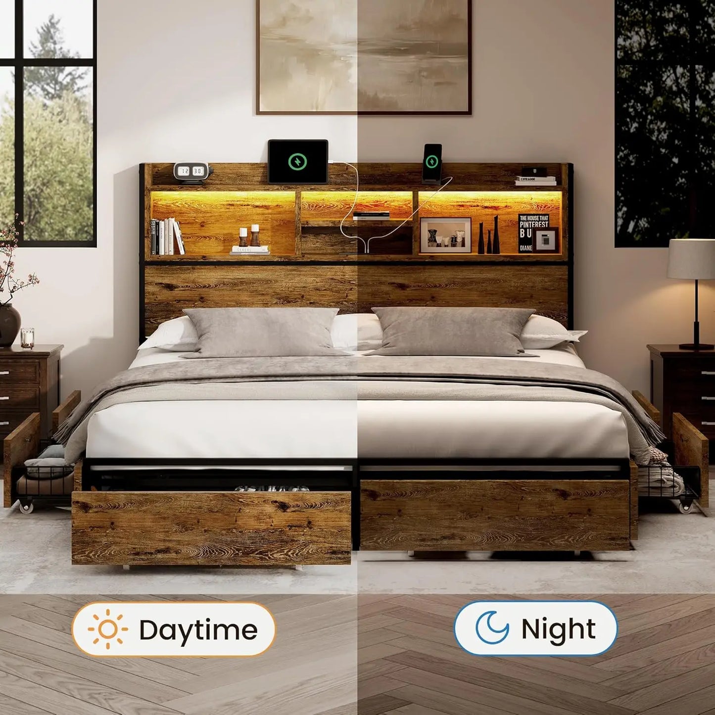 Storage Bed Frame With 6 Drawers And USB Charging Station