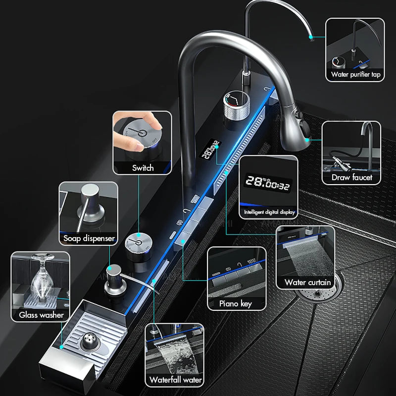 MYQualife 304 Stainless Steel Waterfall Kitchen Sink Faucet Set Digital Display