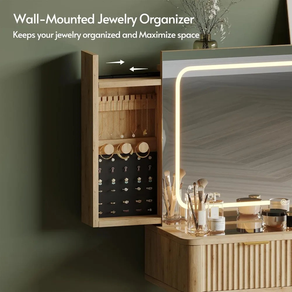 Wood Vanity With Clear Glass Top And Large Modern Mirror