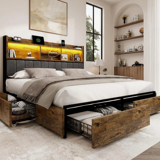 Storage Bed Frame With 6 Drawers And USB Charging Station