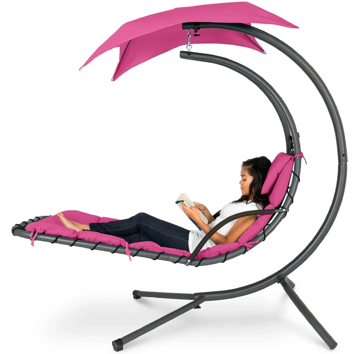 Curved Steel Outdoor Hanging Chaise Lounge With Built In Pillow