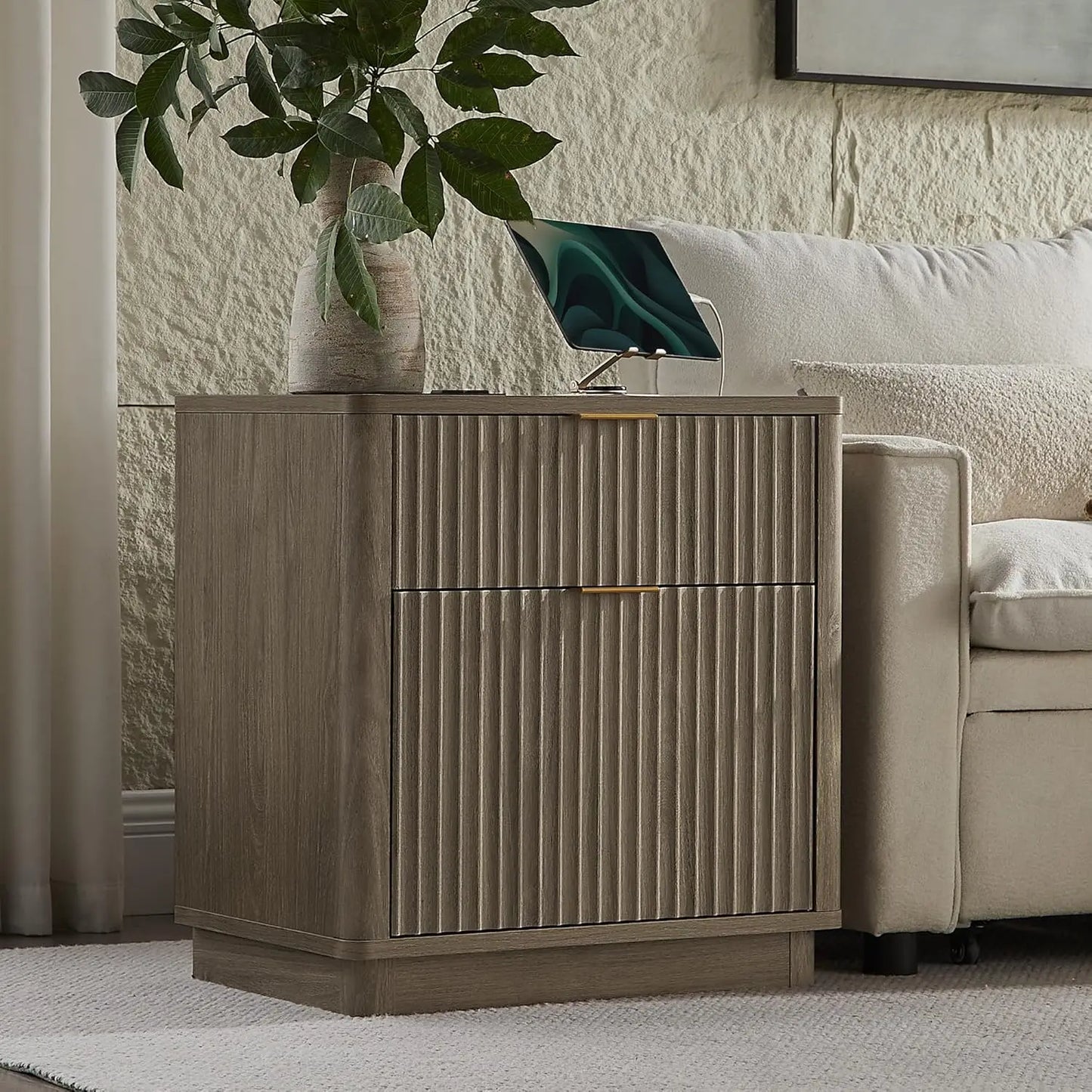 Fluted Nightstand With Charging Station 2 Drawer Modern End Table
