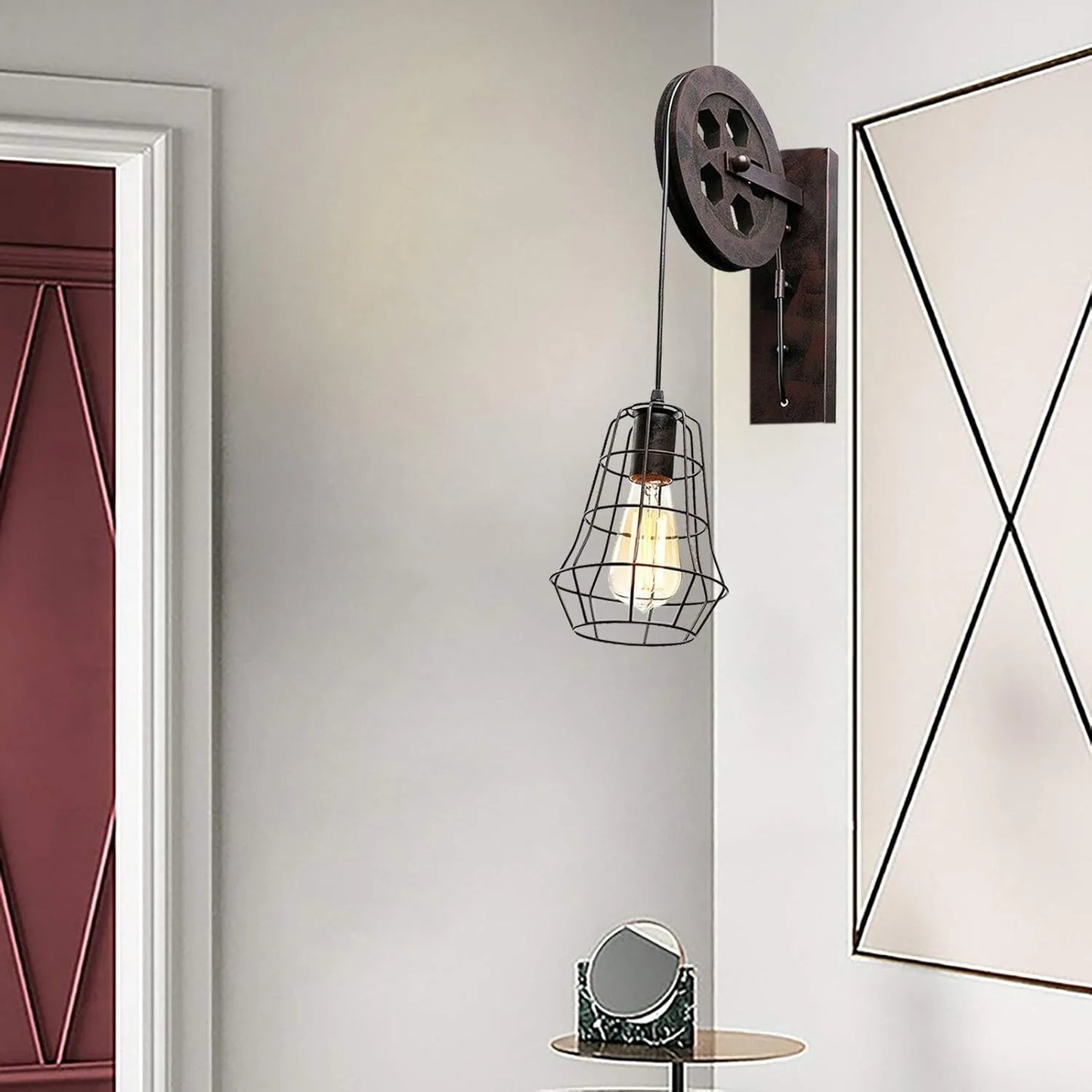 Bymaocar Industrial Wall Sconce Lift Pulley Vintage Iron Cage Lamp