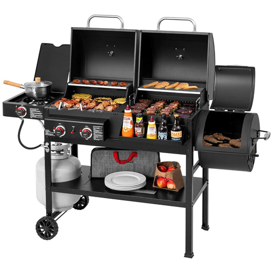 Gas Charcoal Dual Fuel Grill With Offset Smoker System