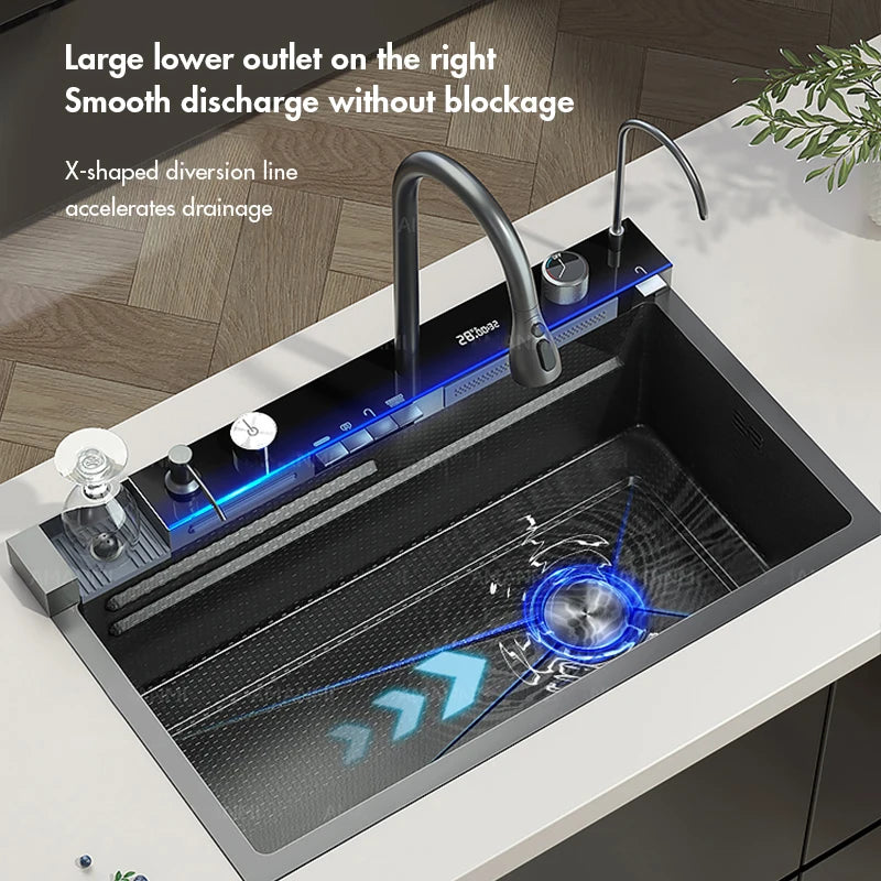 MYQualife 304 Stainless Steel Waterfall Kitchen Sink Faucet Set Digital Display