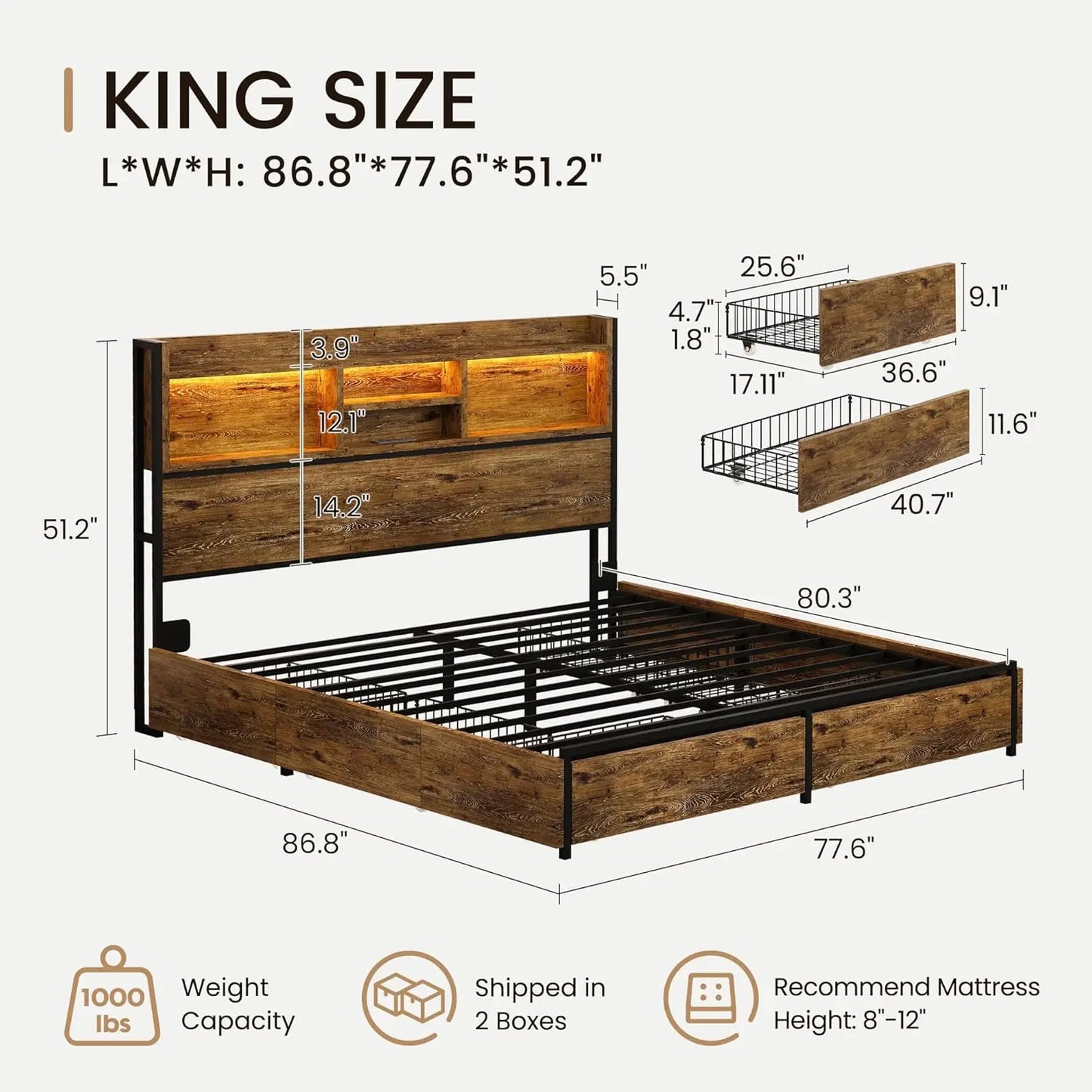 Storage Bed Frame With 6 Drawers And USB Charging Station