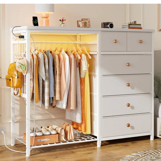 Wooden Dresser With Hanging Rack, 6 Drawers, LED Lights
