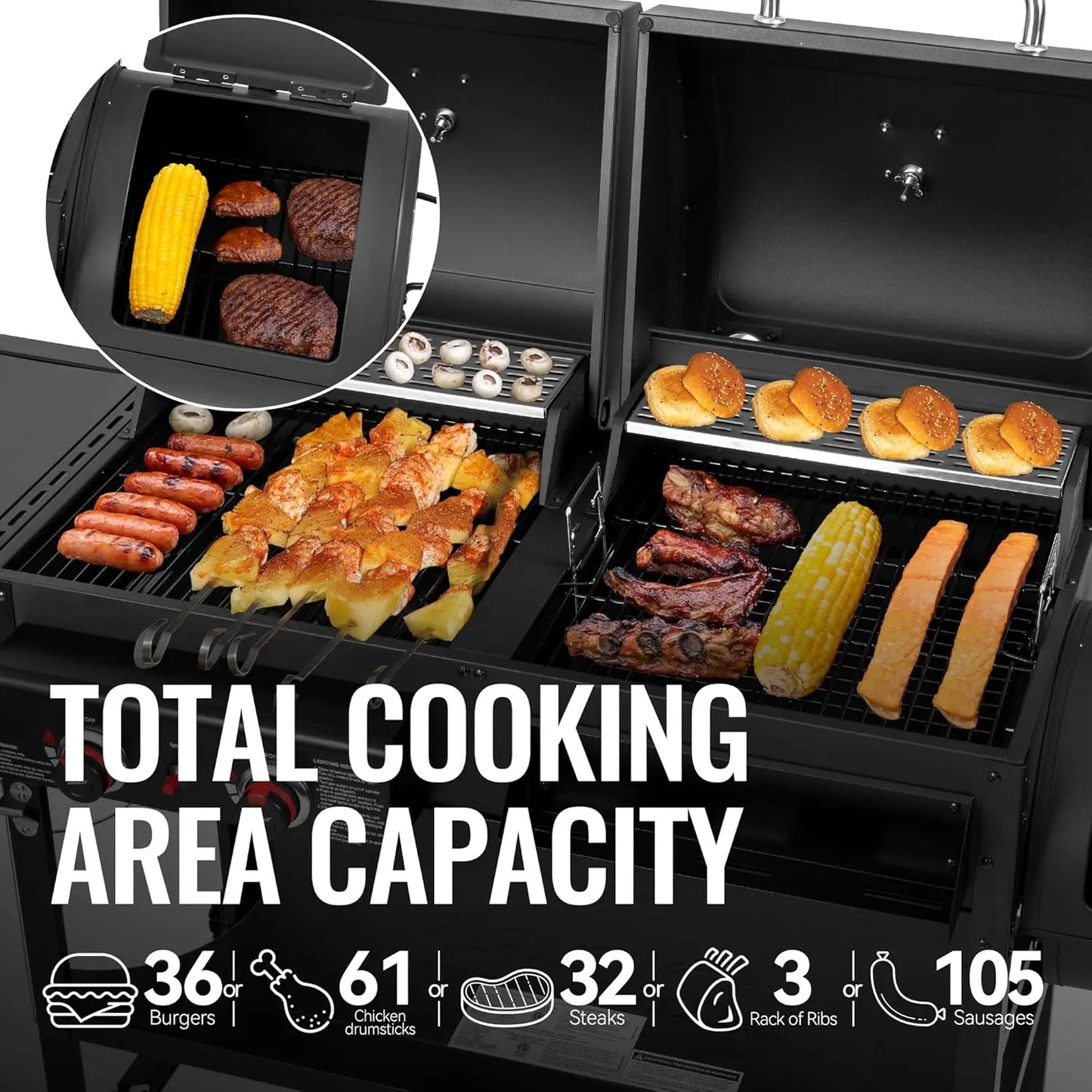 Gas Charcoal Dual Fuel Grill With Offset Smoker System