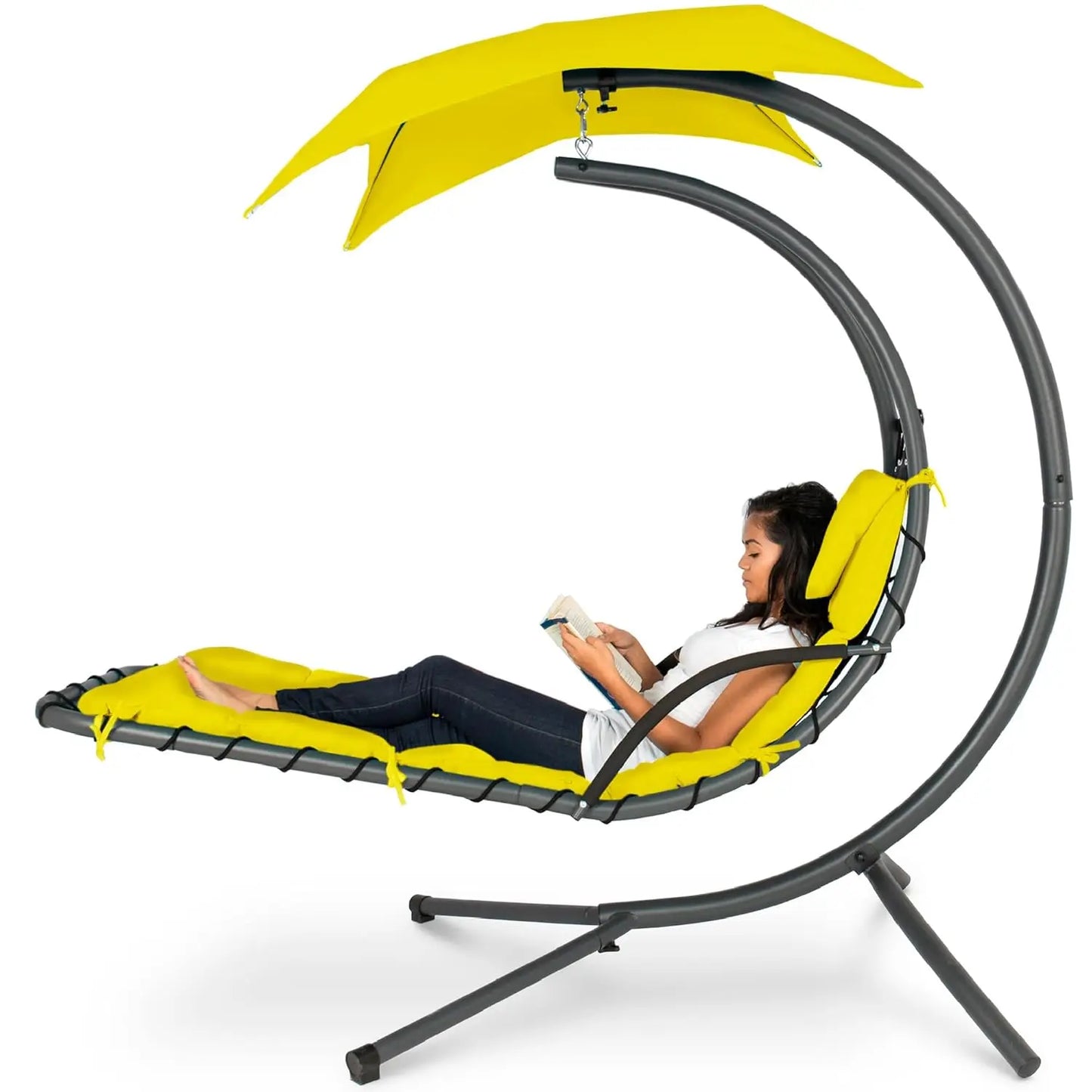 Curved Steel Outdoor Hanging Chaise Lounge With Built In Pillow